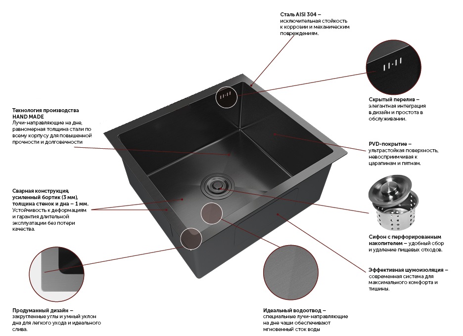 Мойка для кухни GranFest METAL 4444 4444 PVD графит